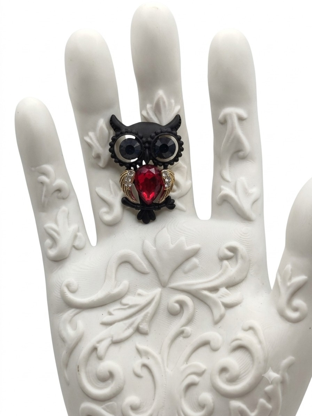 Black Owl Ring with Red Gemstone Accent